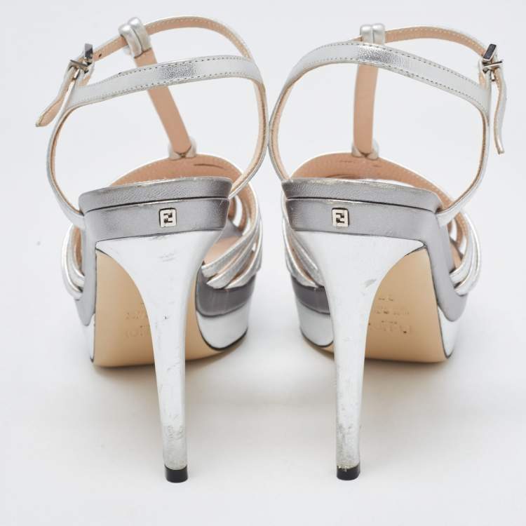 Pre Owned Fendi Silver Leather Strappy T-Bar Platform Sandals Size 37