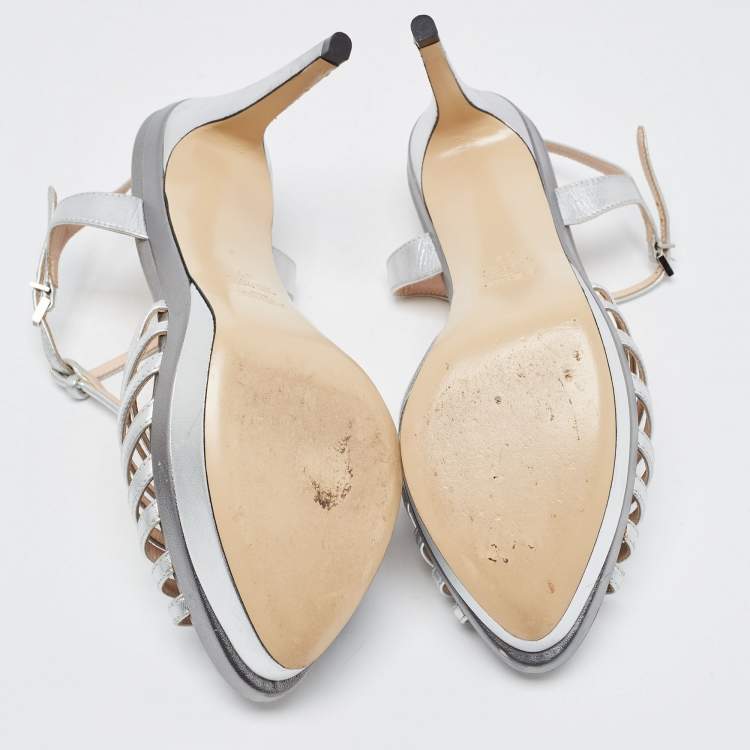 Pre Owned Fendi Silver Leather Strappy T-Bar Platform Sandals Size 37