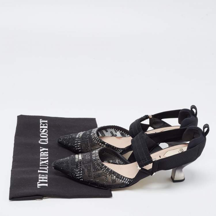 مملوكة مسبقًا Fendi Black Mesh and Canvas FF Logo Crystal Embellishments Slingback Pumps Size 39.5
