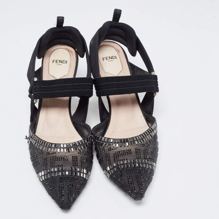 مملوكة مسبقًا Fendi Black Mesh and Canvas FF Logo Crystal Embellishments Slingback Pumps Size 39.5