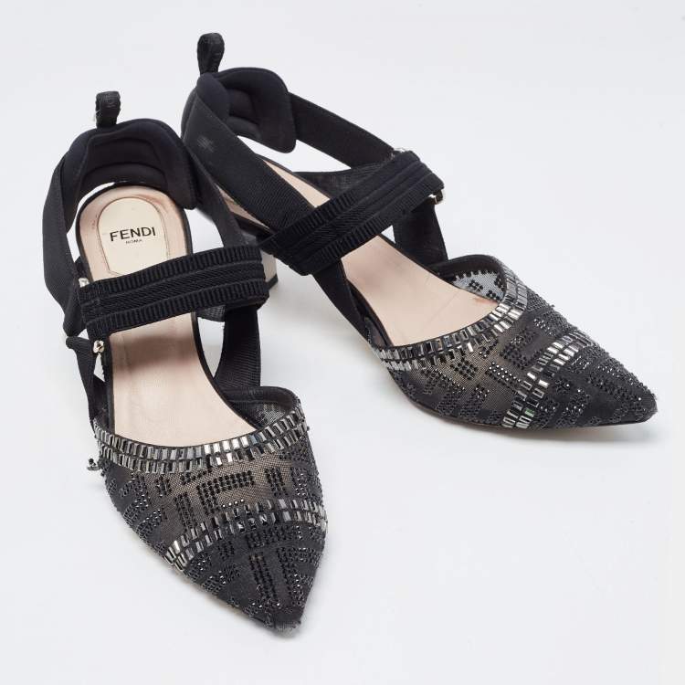 مملوكة مسبقًا Fendi Black Mesh and Canvas FF Logo Crystal Embellishments Slingback Pumps Size 39.5