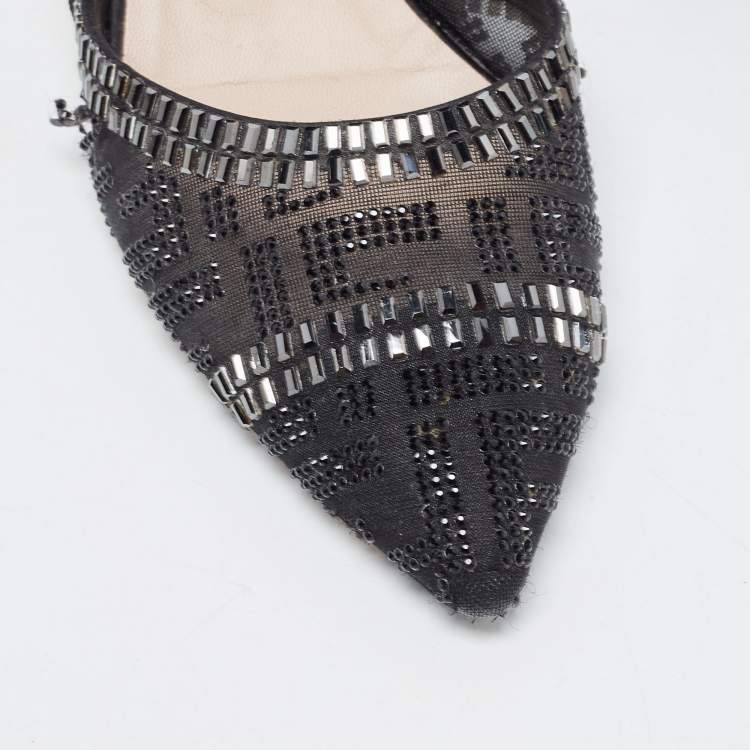 مملوكة مسبقًا Fendi Black Mesh and Canvas FF Logo Crystal Embellishments Slingback Pumps Size 39.5