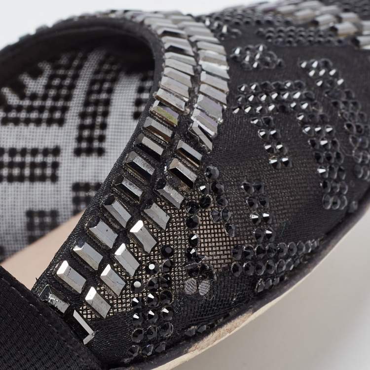 مملوكة مسبقًا Fendi Black Mesh and Canvas FF Logo Crystal Embellishments Slingback Pumps Size 39.5