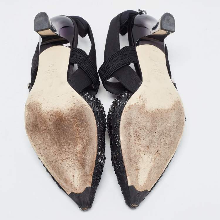 مملوكة مسبقًا Fendi Black Mesh and Canvas FF Logo Crystal Embellishments Slingback Pumps Size 39.5