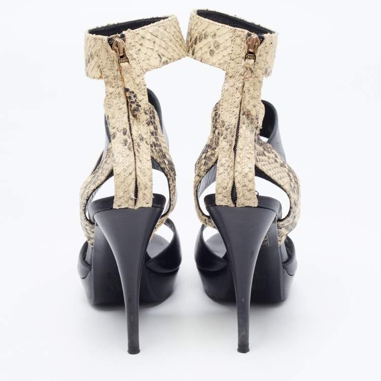 Pre Owned Fendi Tricolor Leather and Python Embossed Ankle Strap Platform Sandals  Size 38