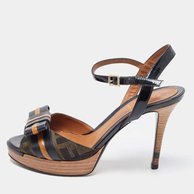 Pre Owned Fendi Brown/Black Zucca Canvas and Patent Leather Bow Platform Ankle Strap Sandals Size 36