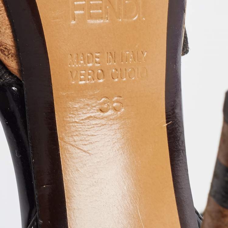 Pre Owned Fendi Brown/Black Zucca Canvas and Patent Leather Bow Platform Ankle Strap Sandals Size 36