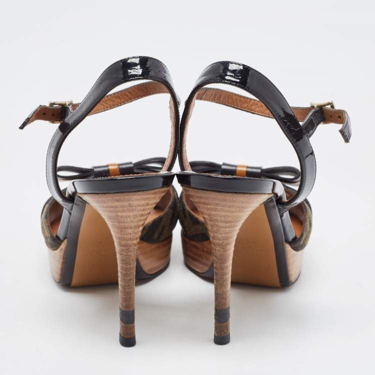 Pre Owned Fendi Brown/Black Zucca Canvas and Patent Leather Bow Platform Ankle Strap Sandals Size 36