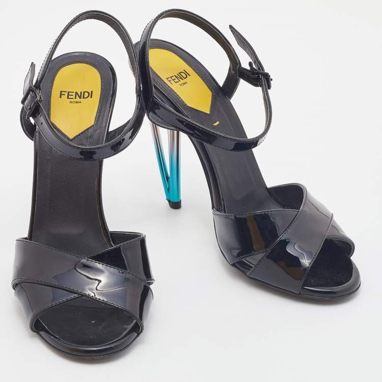 Pre Owned Fendi Black Patent Leather Ankle Strap Sandals Size 36.5