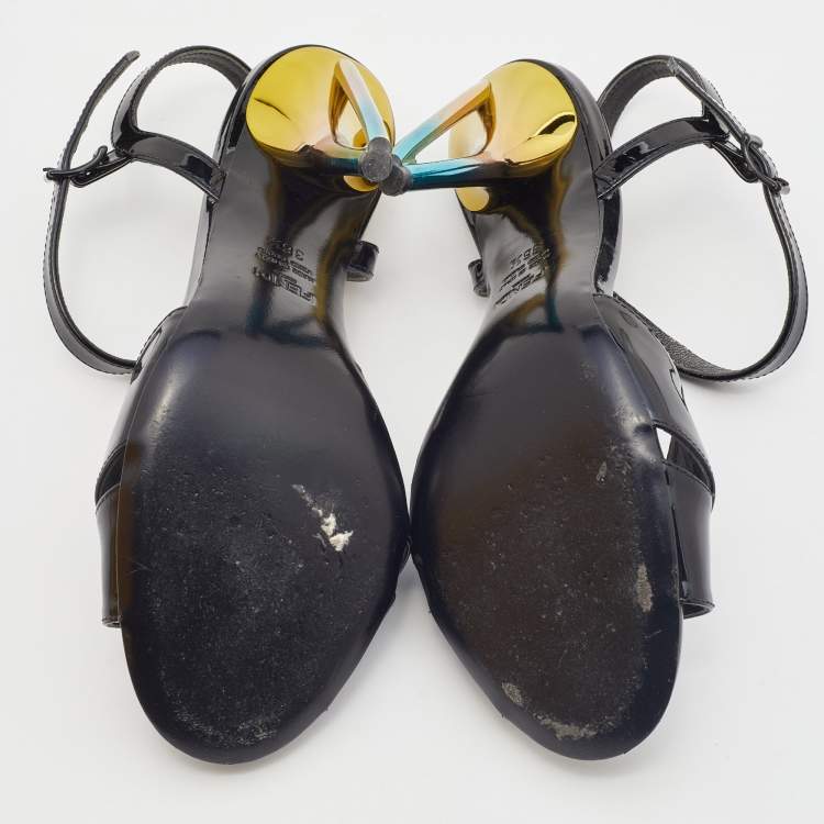Pre Owned Fendi Black Patent Leather Ankle Strap Sandals Size 36.5