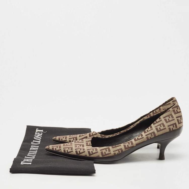 Pre Owned Fendi Brown/Beige Zucca Canvas and Leather Pointed Toe Pumps Size 36