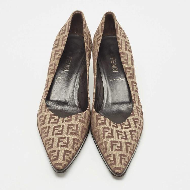 Pre Owned Fendi Brown/Beige Zucca Canvas and Leather Pointed Toe Pumps Size 36