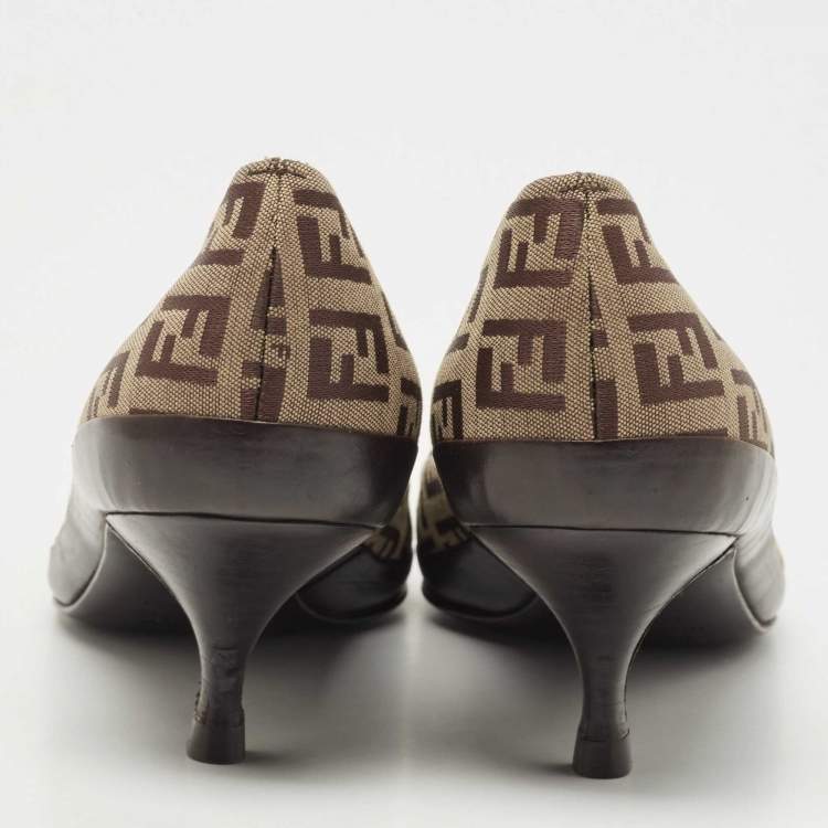 Pre Owned Fendi Brown/Beige Zucca Canvas and Leather Pointed Toe Pumps Size 36
