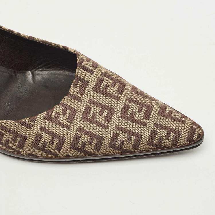 Pre Owned Fendi Brown/Beige Zucca Canvas and Leather Pointed Toe Pumps Size 36