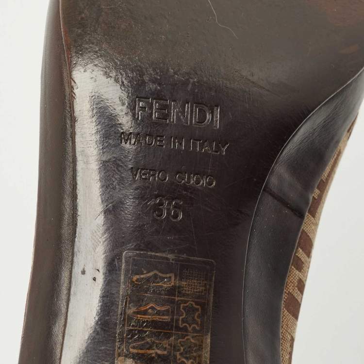 Pre Owned Fendi Brown/Beige Zucca Canvas and Leather Pointed Toe Pumps Size 36