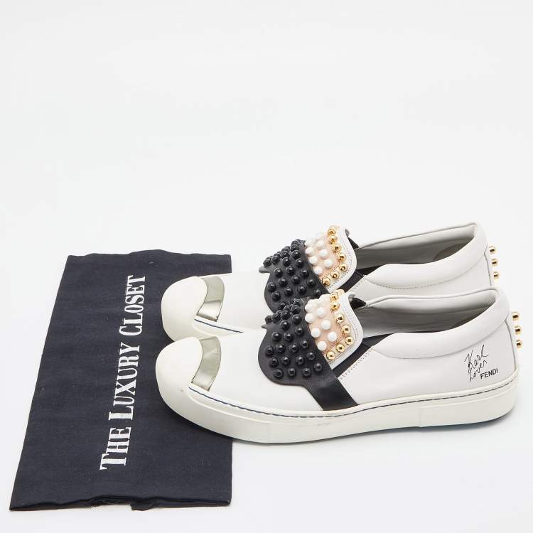 Pre Owned Fendi Tri Color Leather Karlito Studded Low Top Sneakers Size 39