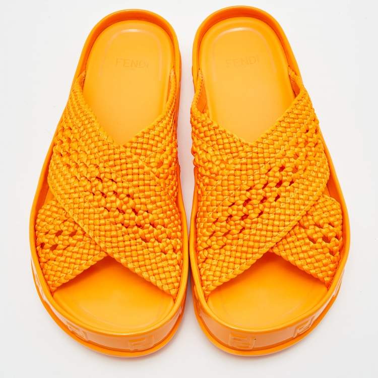 Pre Owned Fendi Orange Nylon and Patent Leather Forever Cross Reflections Slide Flats Size 38.5
