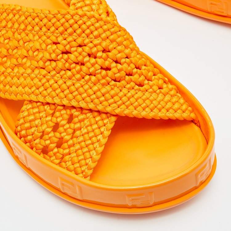 Pre Owned Fendi Orange Nylon and Patent Leather Forever Cross Reflections Slide Flats Size 38.5