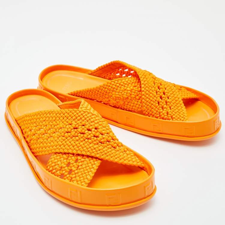 Pre Owned Fendi Orange Nylon and Patent Leather Forever Cross Reflections Slide Flats Size 38.5