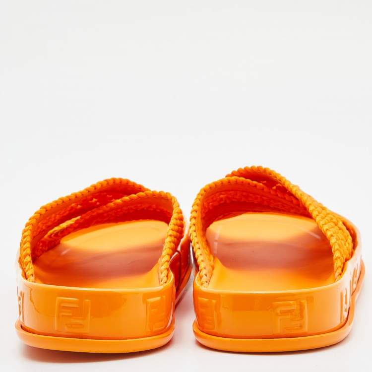 Pre Owned Fendi Orange Nylon and Patent Leather Forever Cross Reflections Slide Flats Size 38.5