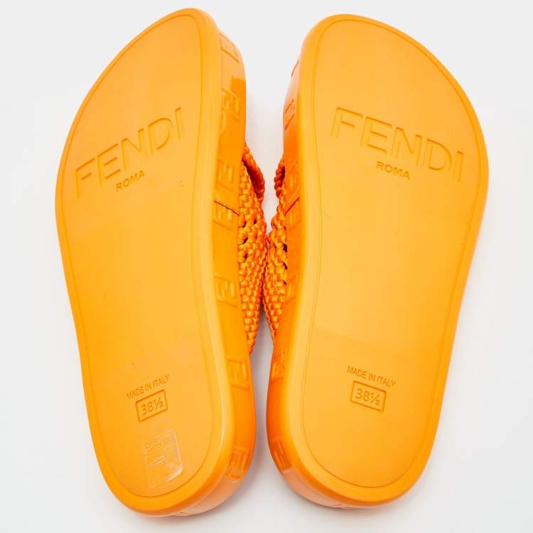 Pre Owned Fendi Orange Nylon and Patent Leather Forever Cross Reflections Slide Flats Size 38.5