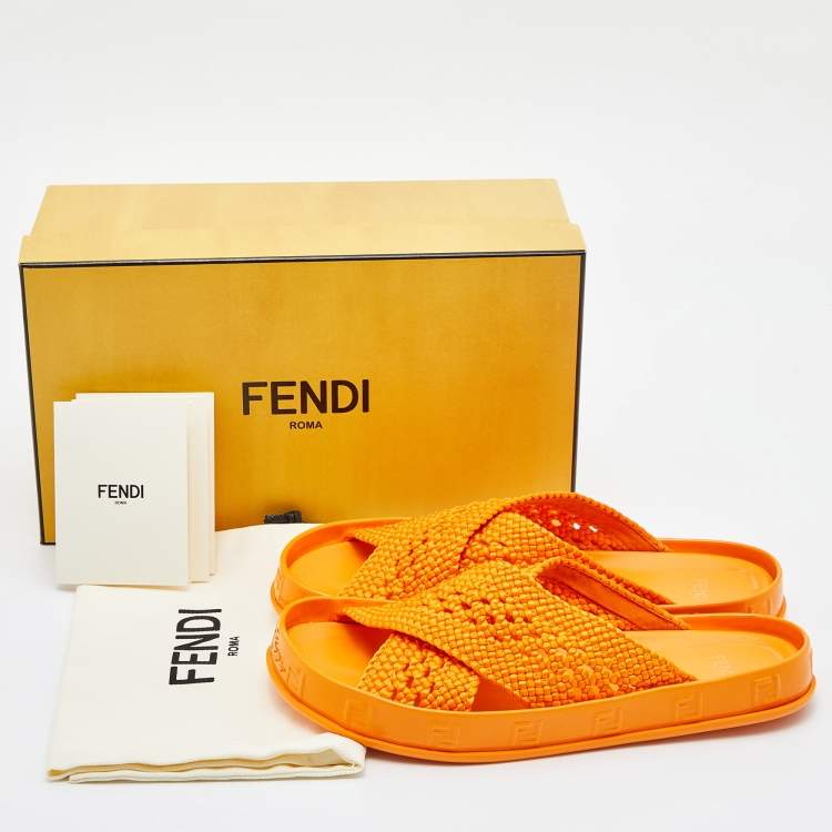 Pre Owned Fendi Orange Nylon and Patent Leather Forever Cross Reflections Slide Flats Size 38.5