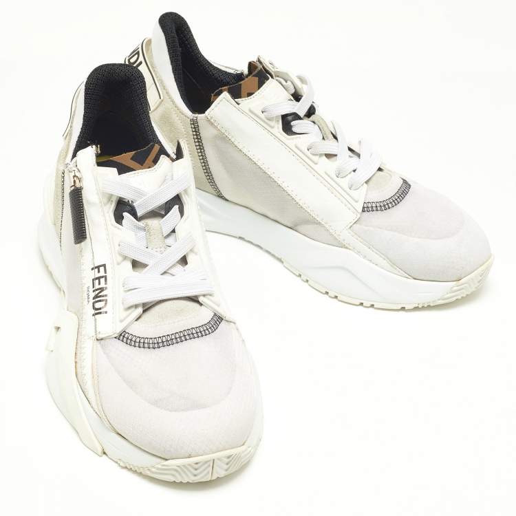 Pre Owned Fendi White/Grey Suede, Mesh and Patent Leather Flow Sneakers Size 37