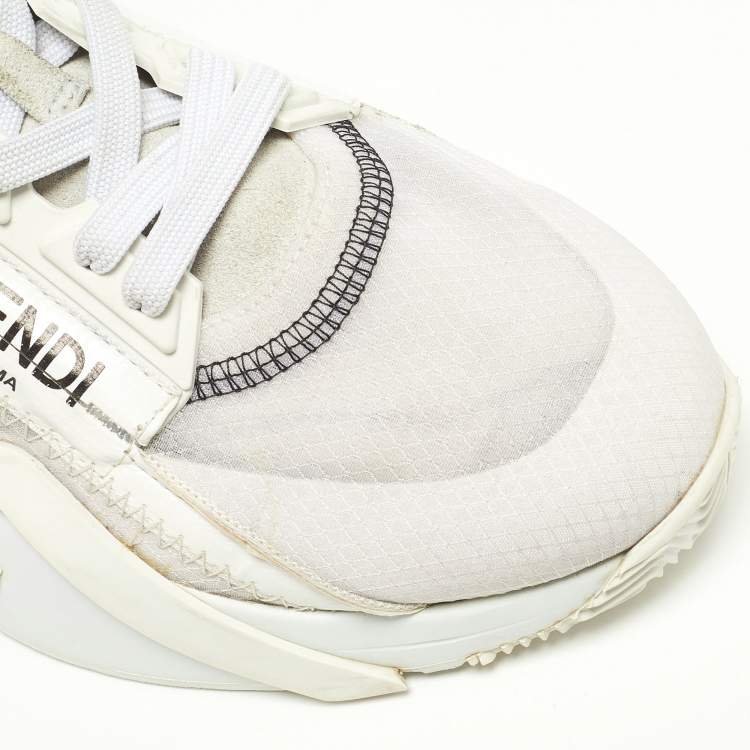 Pre Owned Fendi White/Grey Suede, Mesh and Patent Leather Flow Sneakers Size 37