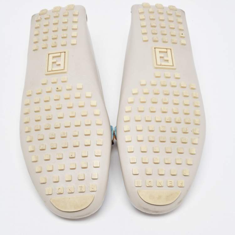 Pre Owned Fendi Grey Leather Studded Flowerland Loafers Size 39.5