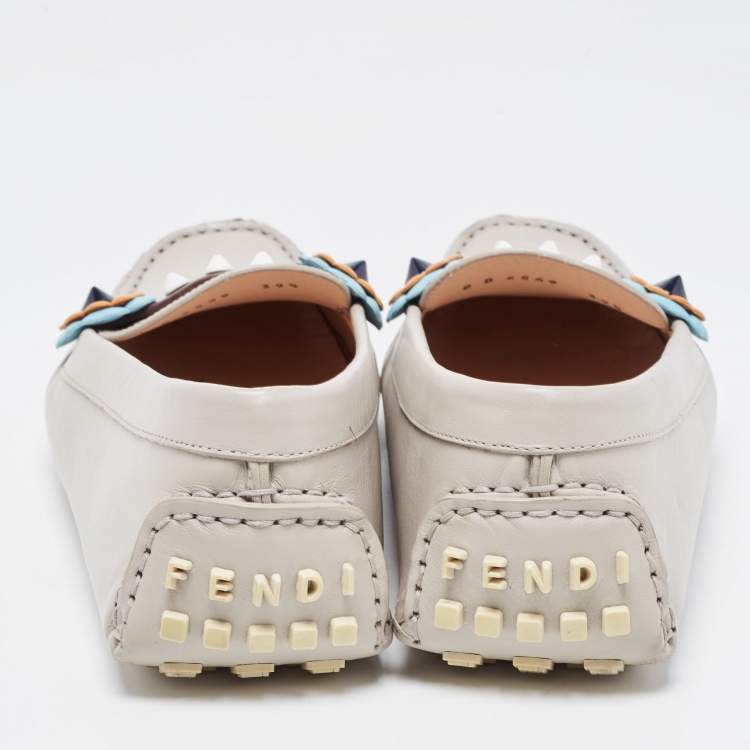 Pre Owned Fendi Grey Leather Studded Flowerland Loafers Size 39.5