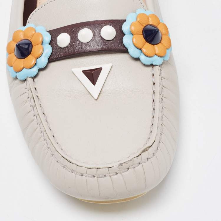 Pre Owned Fendi Grey Leather Studded Flowerland Loafers Size 39.5