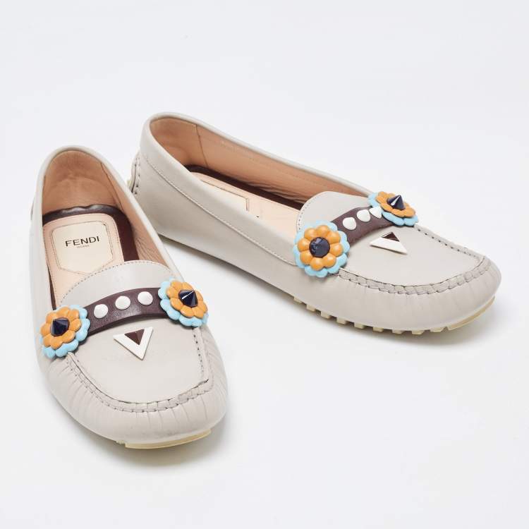 Pre Owned Fendi Grey Leather Studded Flowerland Loafers Size 39.5