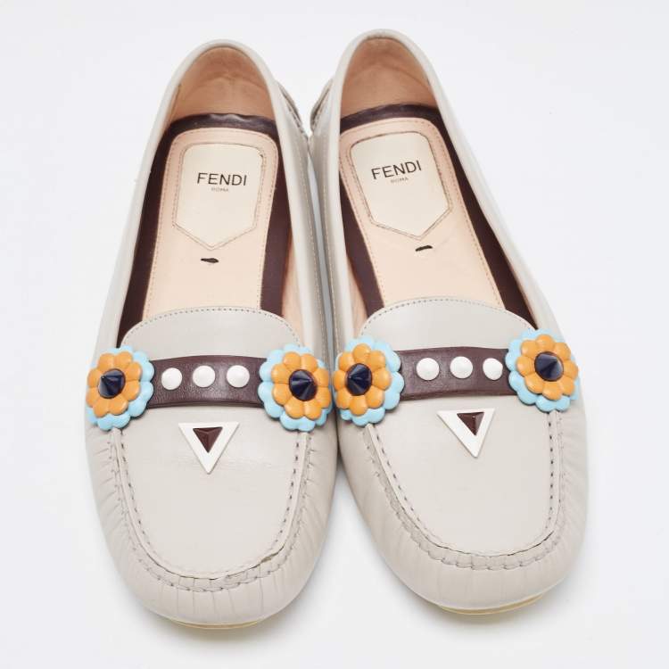 Pre Owned Fendi Grey Leather Studded Flowerland Loafers Size 39.5