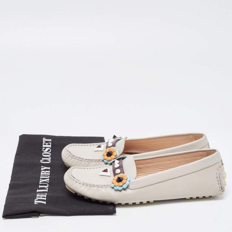 Pre Owned Fendi Grey Leather Studded Flowerland Loafers Size 39.5