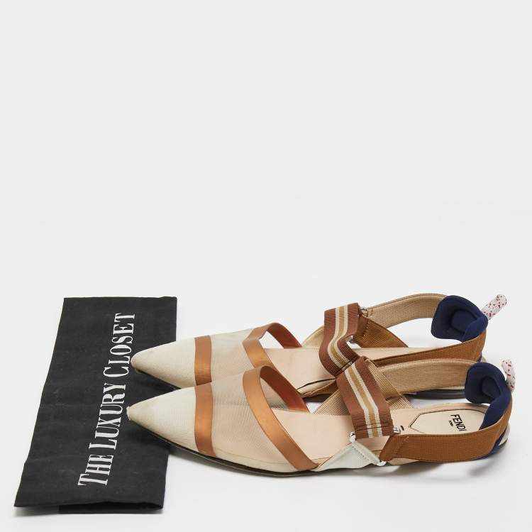 مملوكة مسبقًا Fendi Beige/Brown Canvas and Mesh Colibri Slingback Flats Size 39
