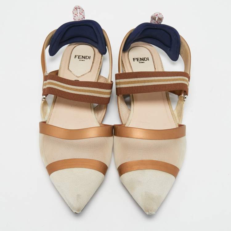 مملوكة مسبقًا Fendi Beige/Brown Canvas and Mesh Colibri Slingback Flats Size 39