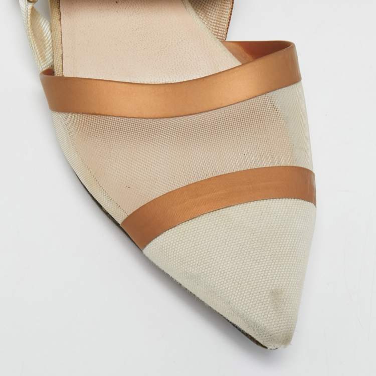 مملوكة مسبقًا Fendi Beige/Brown Canvas and Mesh Colibri Slingback Flats Size 39