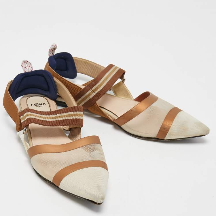 مملوكة مسبقًا Fendi Beige/Brown Canvas and Mesh Colibri Slingback Flats Size 39