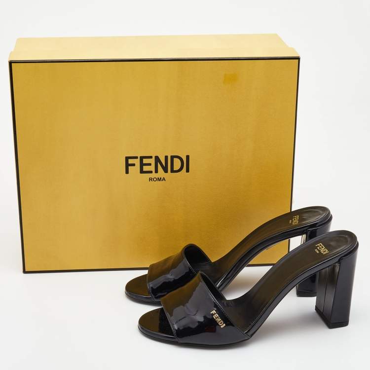 Pre Owned Fendi Black Patent Leather Logo Detail Block Heel Sandals Size 37.5