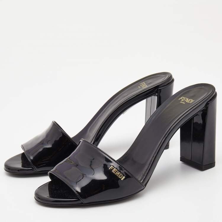 Pre Owned Fendi Black Patent Leather Logo Detail Block Heel Sandals Size 37.5