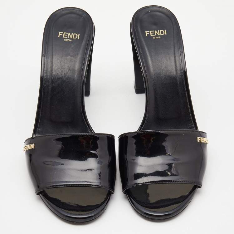 Pre Owned Fendi Black Patent Leather Logo Detail Block Heel Sandals Size 37.5