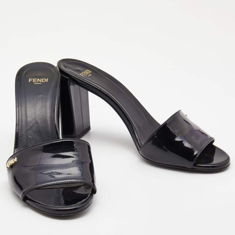Pre Owned Fendi Black Patent Leather Logo Detail Block Heel Sandals Size 37.5
