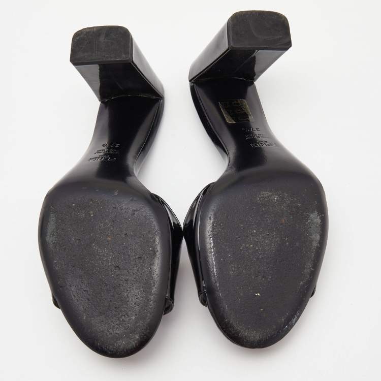 Pre Owned Fendi Black Patent Leather Logo Detail Block Heel Sandals Size 37.5