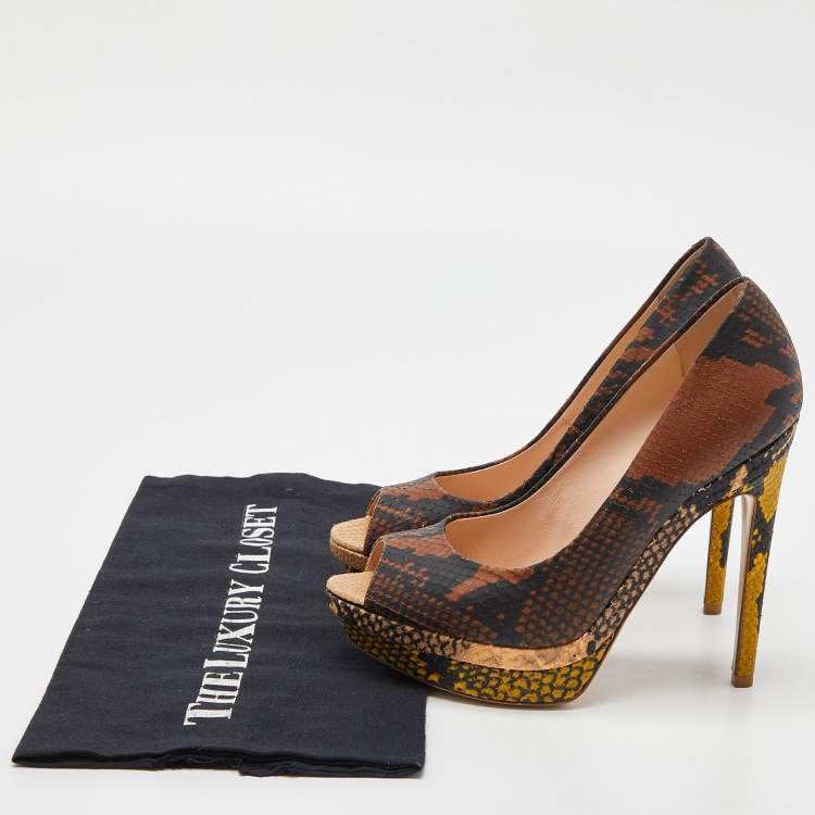 Pre Owned Fendi Multicolor Python Embossed Leather Peep Toe Platform Pumps Size 35