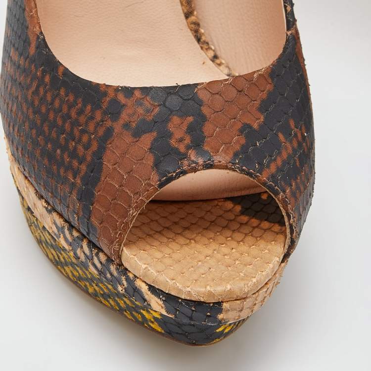 Pre Owned Fendi Multicolor Python Embossed Leather Peep Toe Platform Pumps Size 35