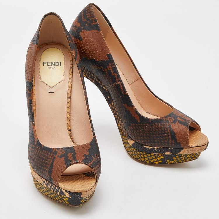 Pre Owned Fendi Multicolor Python Embossed Leather Peep Toe Platform Pumps Size 35