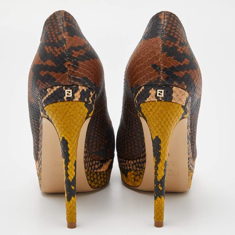 Pre Owned Fendi Multicolor Python Embossed Leather Peep Toe Platform Pumps Size 35