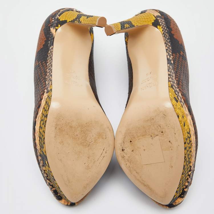 Pre Owned Fendi Multicolor Python Embossed Leather Peep Toe Platform Pumps Size 35