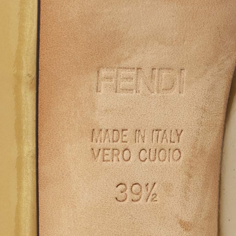 Pre Owned Fendi Gold Patent Leather Zucca Heel Peep Toe Pumps Size 39.5
