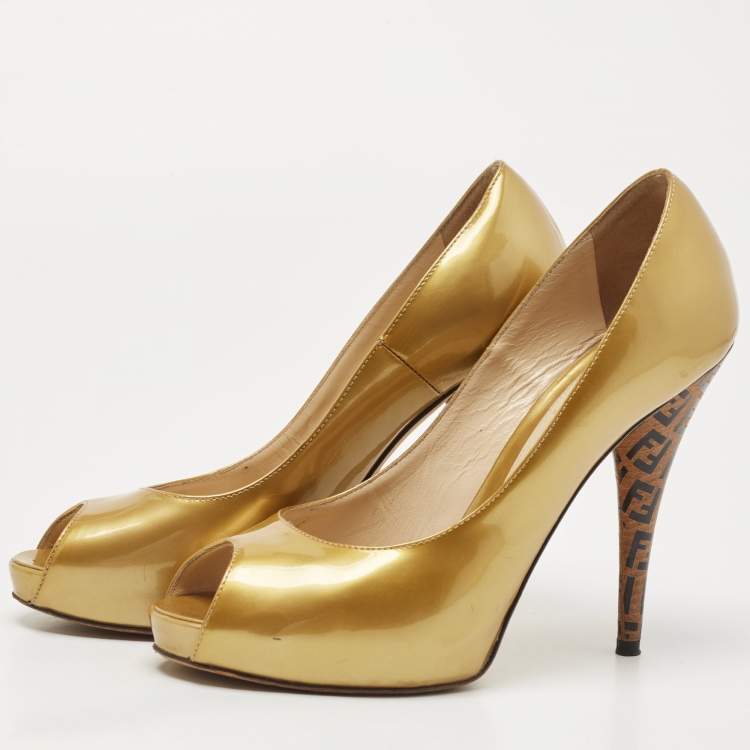 Pre Owned Fendi Gold Patent Leather Zucca Heel Peep Toe Pumps Size 39.5